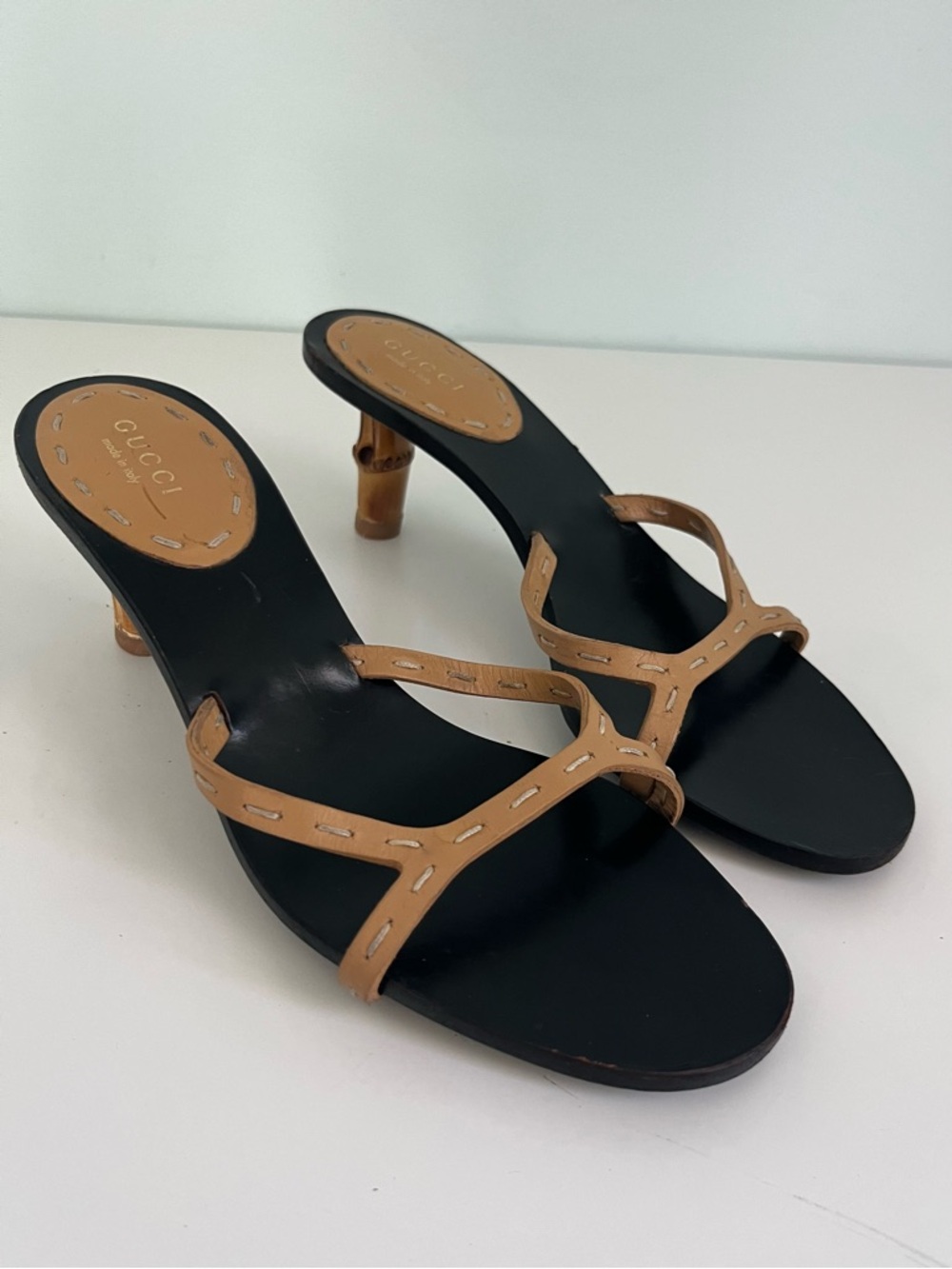 Gucci Black Tan Leather Sandals With Bamboo Kitten Heel